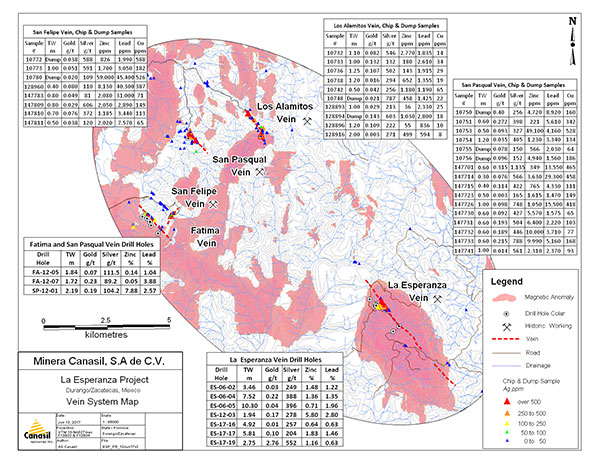 La Esperanza Project Area Showing Multiple Vein Outcrops with Past Drilling and Surface Sample Results