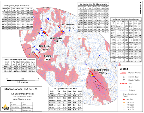 La Esperanza Project Area Showing Multiple Vein Outcrops with Past Drilling and Surface Sample Results